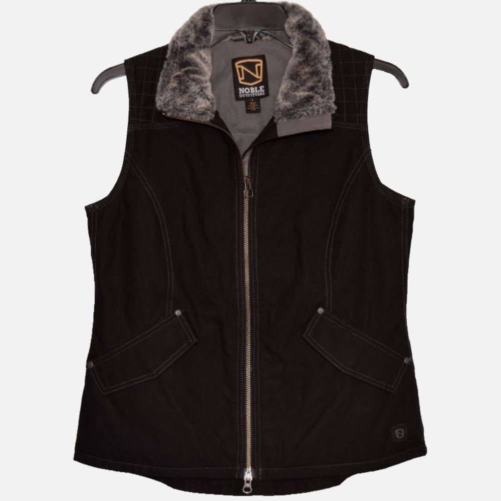 NOBLE Outfitters Equestrian Black Canvas Faux Fur Trim Full Zip Lined Vest S